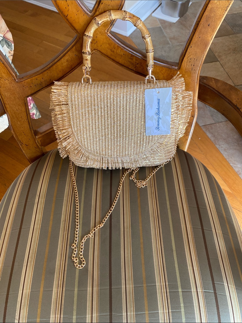 NWT Gold  Straw Fringe Crossbody with Bamboo Handle and gold crossbody chain.